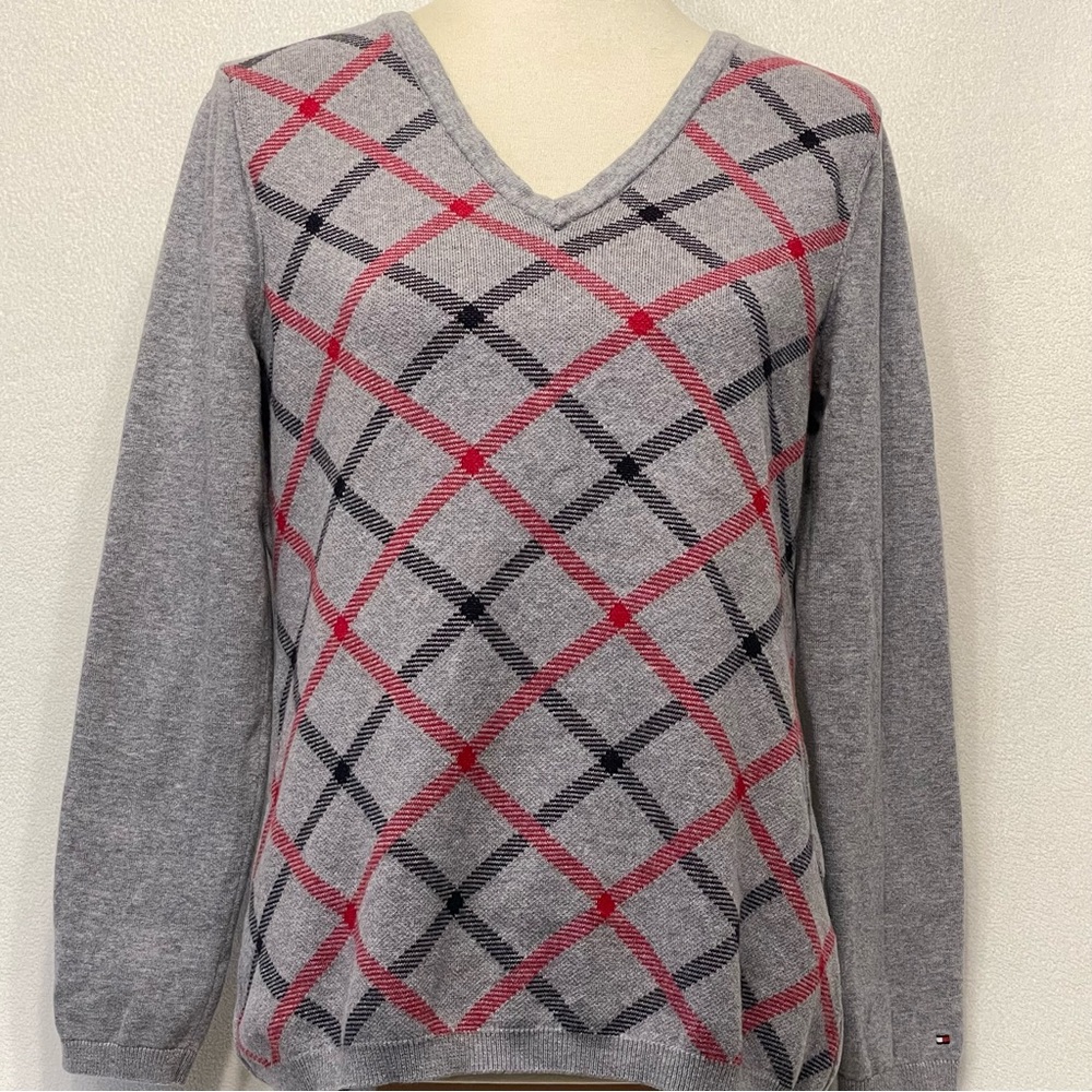 Tommy Hilfiger Gray Argyle Sweater V-Neck Cotton Red Black Diamond Sz Large